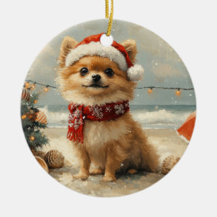Pomeranian Dog Christmas Beach Keramisch Ornament