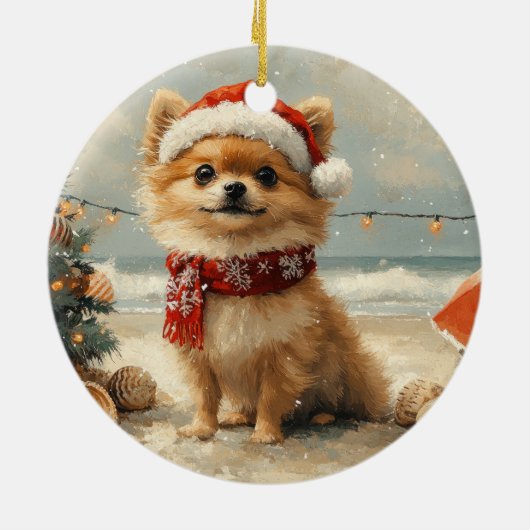 Pomeranian Dog Christmas Beach Keramisch Ornament (Achterkant)