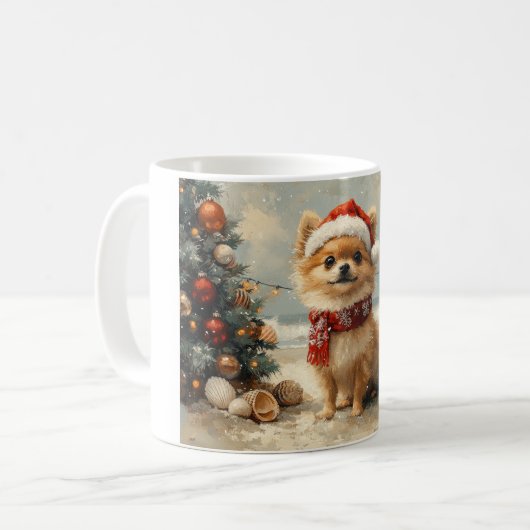 Pomeranian Dog Christmas  Beach Koffiemok (Voorkant links)