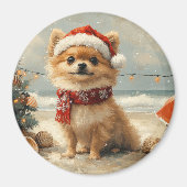 Pomeranian Dog Christmas  Beach Magneet (Voorkant)