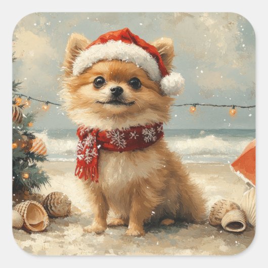 Pomeranian Dog Christmas  Beach Vierkante Sticker (Voorkant)