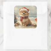 Pomeranian Dog Christmas  Beach Vierkante Sticker (Tas)