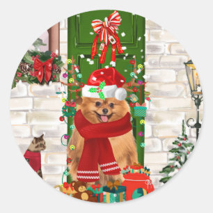 Pomeranian Dog Christmas Sierkussen Ronde Sticker