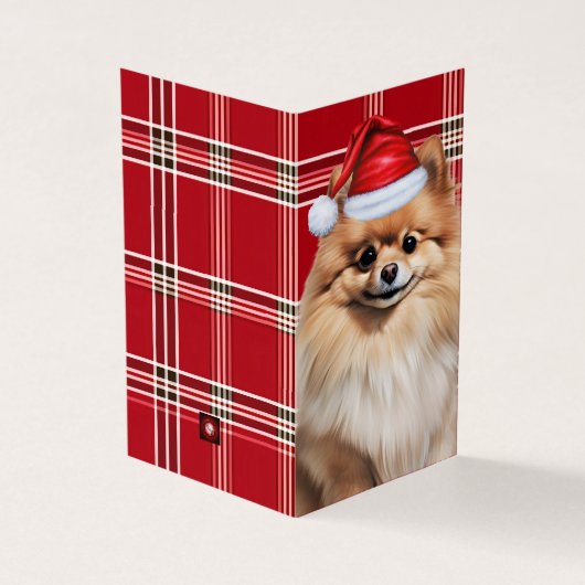 Pomeranian Dog Holiday Red Plaid Christmas Kaart (Buitenkant)