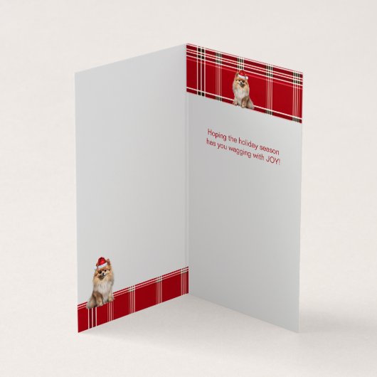 Pomeranian Dog Holiday Red Plaid Christmas Kaart (Binnen)