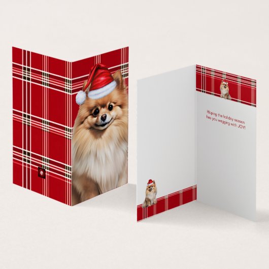 Pomeranian Dog Holiday Red Plaid Christmas Kaart (Binnen en buitenkant)