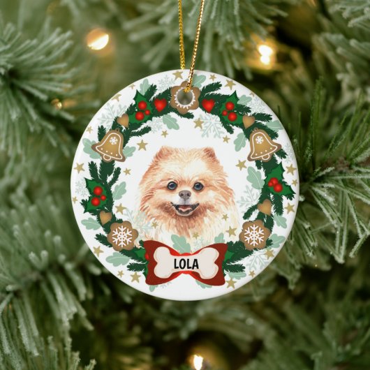 Pomeranian Dog Kersthond Cookie Wreath Keramisch Ornament (Boom)