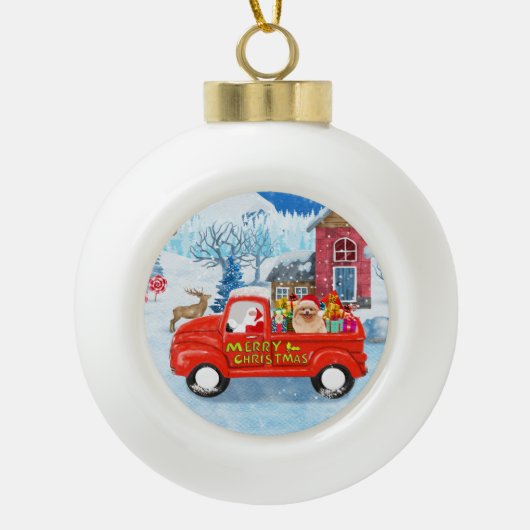 Pomeranian Dog Kerstlevering Vrachtwagen Snow Keramische Bal Ornament (Voorkant)