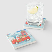 Pomeranian Dog Kerstlevering Vrachtwagen Snow Stenen Onderzetter (Zijkant)