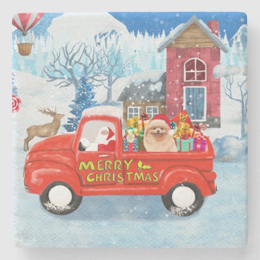 Pomeranian Dog Kerstlevering Vrachtwagen Snow Stenen Onderzetter (Voorkant)