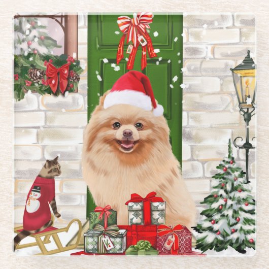 Pomeranian Dog Kerstmis Glazen Onderzetter (Voorkant)