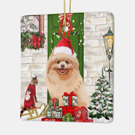 Pomeranian Dog Kerstmis Keramisch Ornament (Links)
