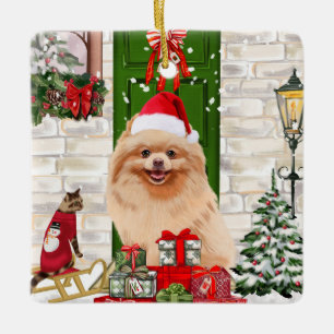 Pomeranian Dog Kerstmis Keramisch Ornament