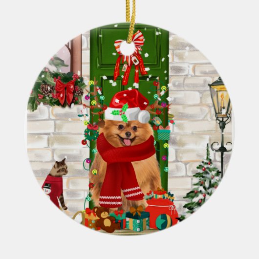 Pomeranian Dog Kerstmis Keramisch Ornament (Voorkant)
