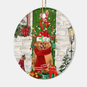 Pomeranian Dog Kerstmis Keramisch Ornament (Links)
