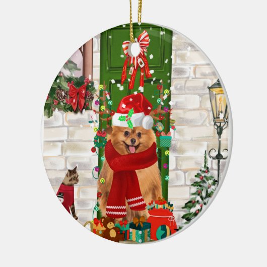 Pomeranian Dog Kerstmis Keramisch Ornament (Links)