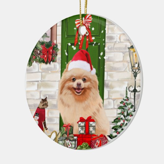 Pomeranian Dog Kerstmis Keramisch Ornament (Links)