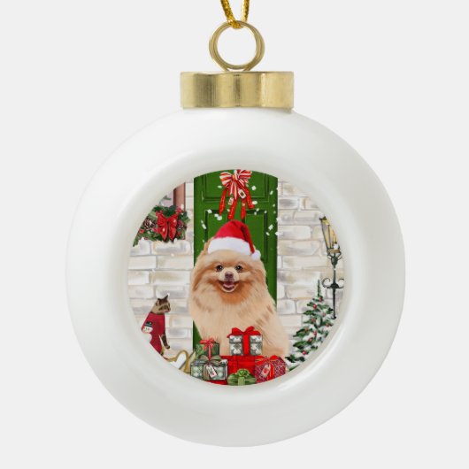 Pomeranian Dog Kerstmis Keramische Bal Ornament (Voorkant)