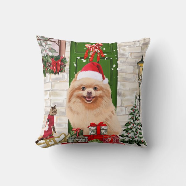 Pomeranian Dog Kerstmis Kussen (Voorkant)
