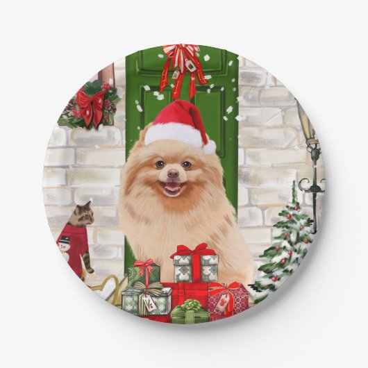 Pomeranian Dog Kerstmis Papieren Bordje (Voorkant)