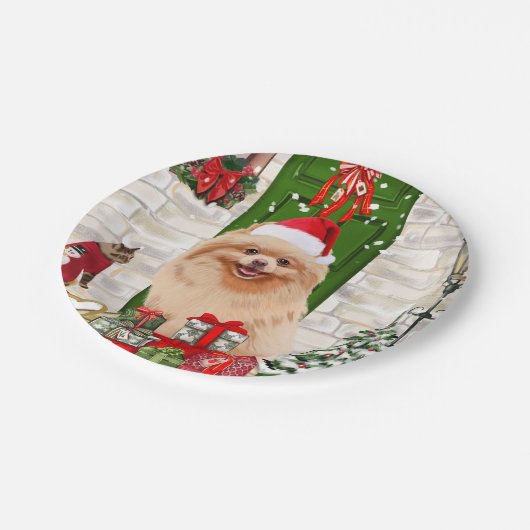 Pomeranian Dog Kerstmis Papieren Bordje (Gekanteld)