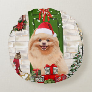 Pomeranian Dog Kerstmis Rond Kussen