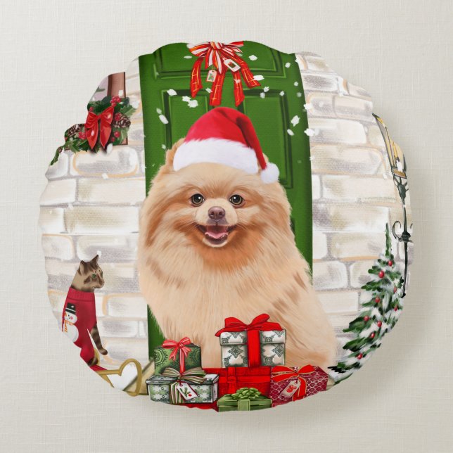 Pomeranian Dog Kerstmis Rond Kussen (Voorkant)
