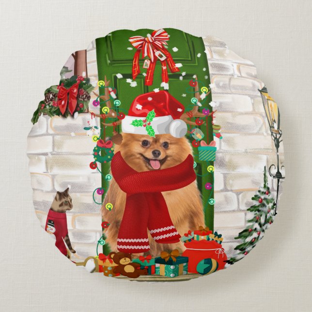Pomeranian Dog Kerstmis Rond Kussen (Voorkant)