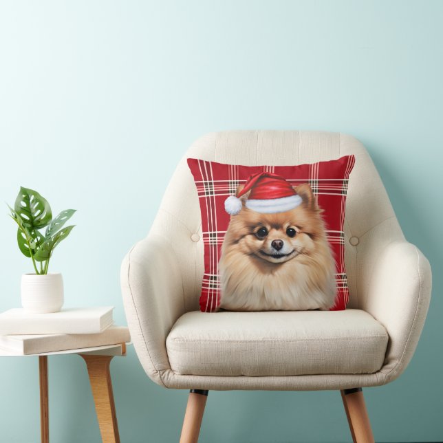 Pomeranian Dog Red Plaid Christmas Holiday Kussen (Stoel)