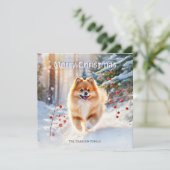 Pomeranian Dog Snow Afbeelding Vrolijk Kerstfeest Feestdagenkaart (Staand voorkant)