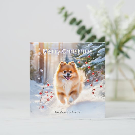 Pomeranian Dog Snow Afbeelding Vrolijk Kerstfeest Feestdagenkaart (Staand voorkant)