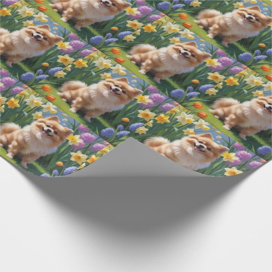 Pomeranian Dog Spring Bloemen Schilderen Cadeaupapier (Hoek)