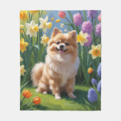 Pomeranian Dog Spring Bloemen Schilderen Fleece Deken (Voorkant)