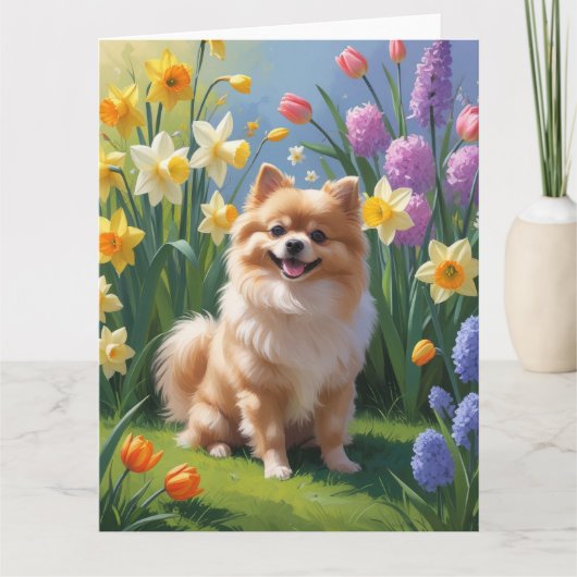 Pomeranian Dog Spring Bloemen Schilderen Kaart (Voorkant)