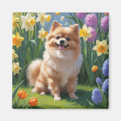 Pomeranian Dog Spring Bloemen Schilderen Magneet (Voorkant)