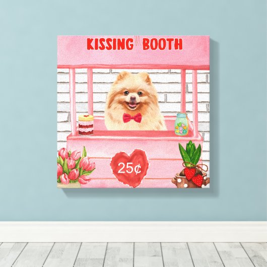 Pomeranian Dog Valentijnsdag Kissing Booth Canvas Afdruk (Insitu (Houten vloer))