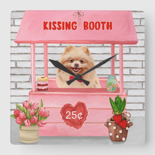 Pomeranian Dog Valentijnsdag Kissing Booth Vierkante Klok (Voorkant)