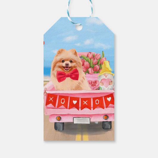 Pomeranian Dog Valentijnsdag Truck Hearts Cadeaulabel (Achterkant)