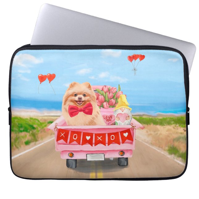 Pomeranian Dog Valentijnsdag Truck Hearts Laptop Sleeve (Voorkant)