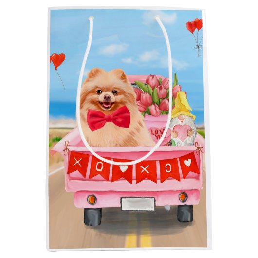 Pomeranian Dog Valentijnsdag Truck Hearts Medium Cadeauzakje (Voorkant)
