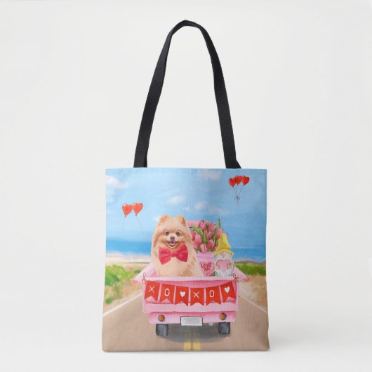 Pomeranian Dog Valentijnsdag Truck Hearts Tote Bag (Voorkant)