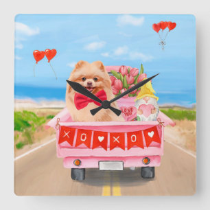 Pomeranian Dog Valentijnsdag Truck Hearts Vierkante Klok