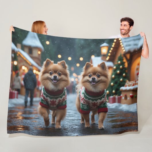 Pomeranian Dogs Christmas Snow Holiday Fleece Deken (In situ)