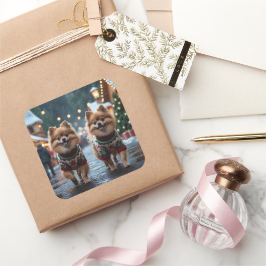 Pomeranian Dogs Christmas Snow Holiday  Vierkante Sticker (Geschenken)