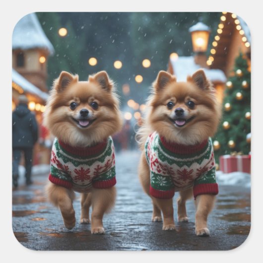 Pomeranian Dogs Christmas Snow Holiday  Vierkante Sticker (Voorkant)