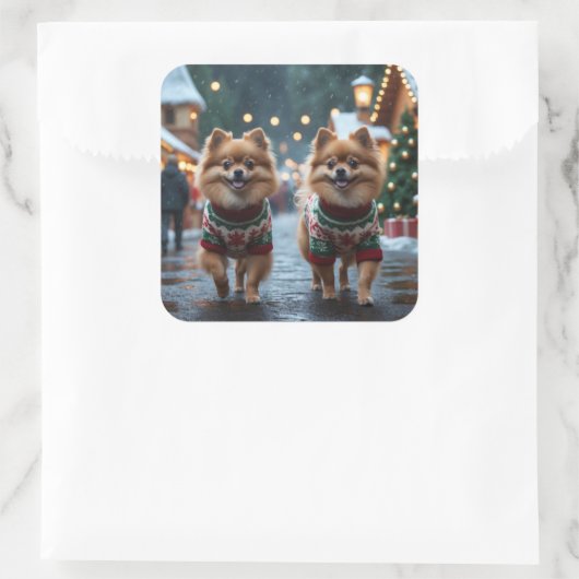 Pomeranian Dogs Christmas Snow Holiday Vierkante Sticker (Tas)
