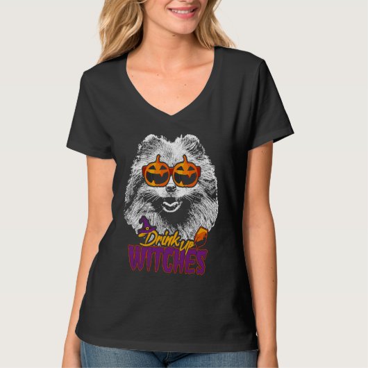 Pomeranian Drink Up Witches Halloween T-shirt (Voorkant)
