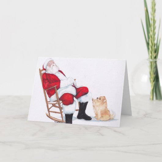 Pomeranian en Santa Claus Dog Art Christmas Kaart (Voorkant)