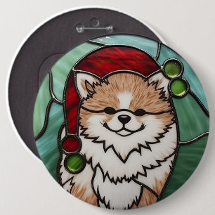 Pomeranian Gebrandschilderd Glas Kerstmis Ronde Button 6,0 Cm