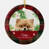 Pomeranian Gepersonaliseerde Eerste Kerstmis Keramisch Ornament (Voorkant)